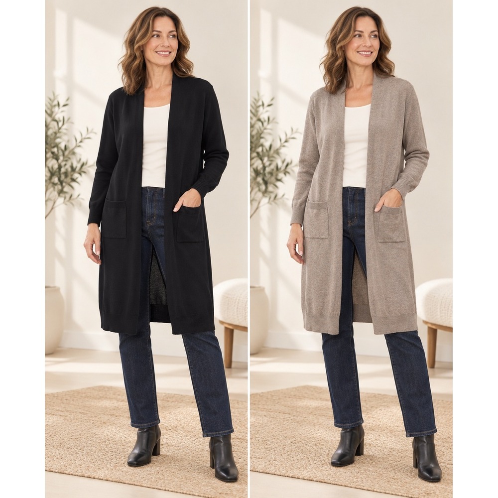 Grace Karin Cardigan Set Of 2 Longline Open Front Pocktes Black Tan Women M